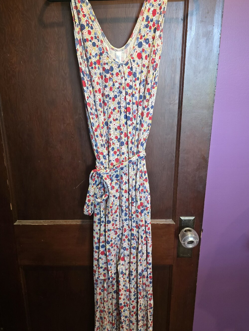 Latched Mama maternity/breast Feed Jumpsuit  Cream with Red & Blue Floral Print